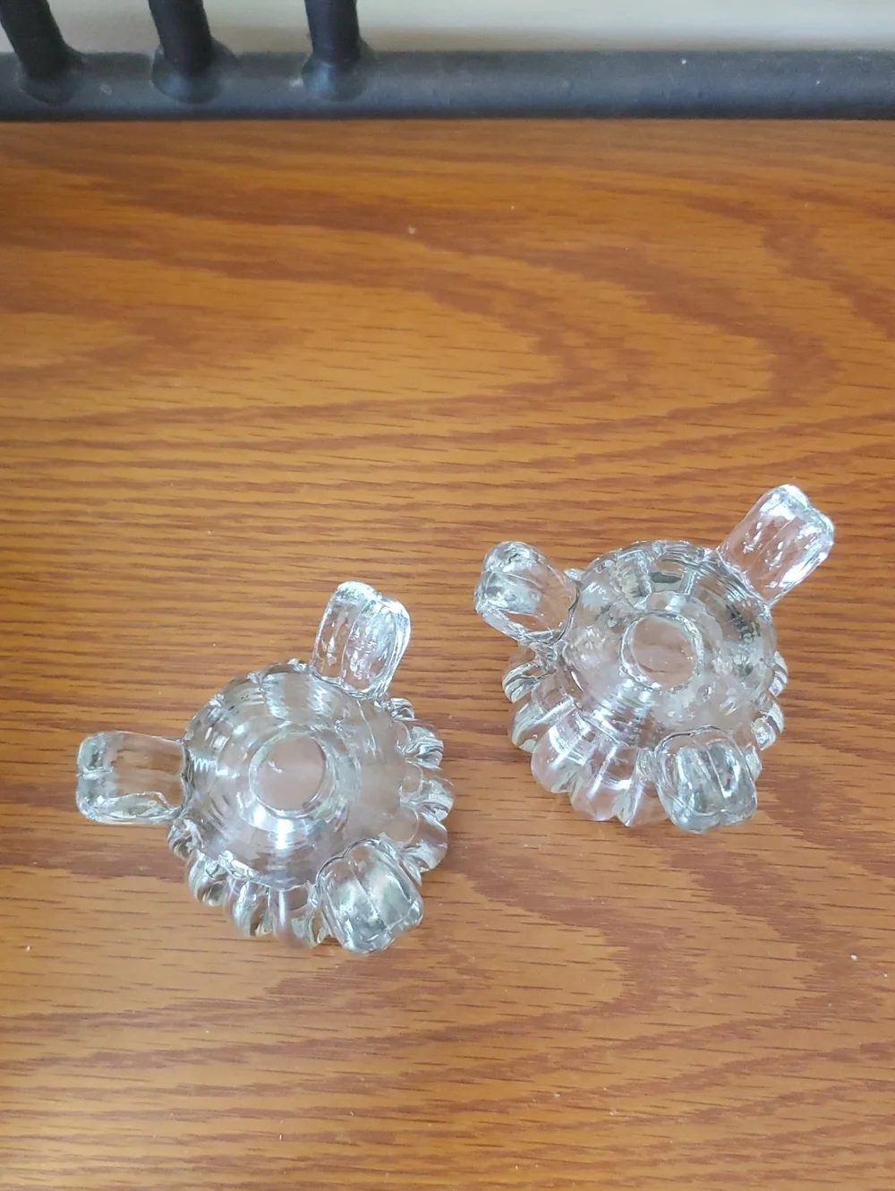 Vtg Clear Glass Triple-Leg  Candlestick Holders with Green Decorative Candles